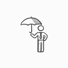 Businessman with umbrella sketch icon.