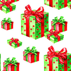 christmas seamless pattern. Hand drawn watercolor gift boxes.