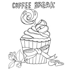 Hand drawn cupcake with lollipop. The picture for coloring book , anti stress coloring. Vector background.