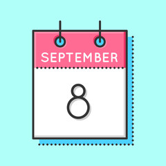 Vector Calendar Icon. Flat and thin line vector illustration. Calendar sheet on light blue background. September 8th