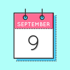 Vector Calendar Icon. Flat and thin line vector illustration. Calendar sheet on light blue background. September 9th