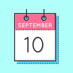 Vector Calendar Icon. Flat and thin line vector illustration. Calendar sheet on light blue background. September 10th