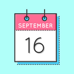 Vector Calendar Icon. Flat and thin line vector illustration. Calendar sheet on light blue background. September 16th