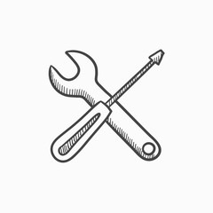 Screwdriver and wrench tools sketch icon.