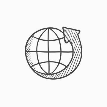 Earth and arrow around sketch icon.