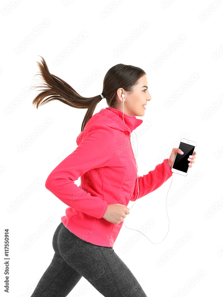 Wall mural Young woman with phone running, isolated on white