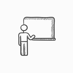 Professor pointing at blackboard sketch icon.