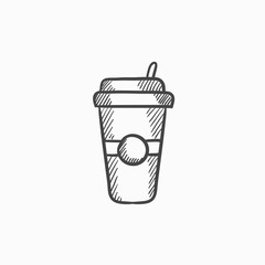 Disposable cup with drinking straw sketch icon.