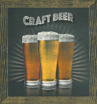 Pints of craft beer golden ale brew hand drawn with chalk blackboard frame