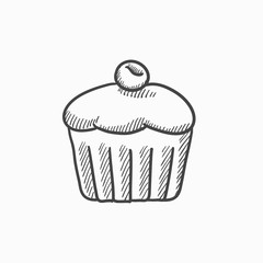 Cupcake with cherry sketch icon.