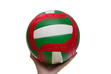 Volleyball ball in hand on white background