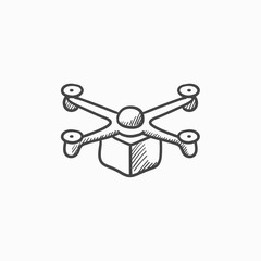 Drone delivering package sketch icon.