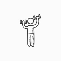 Man exercising with dumbbells sketch icon.