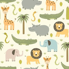 Safari animals seamless pattern with cute hippo, crocodile, lion - obrazy, fototapety, plakaty