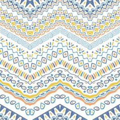 Vector African style chevron pattern with tribal motifs. Soft pastel and elegant ornament with geometric hand drawn decorative stripes for prints, fabrics, backgrounds in blue, yellow and pink colors.