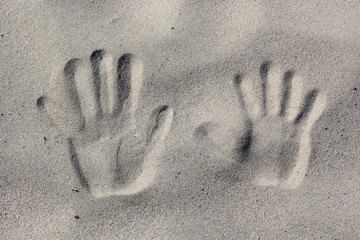 Two tracks from the palms of the hands on the sandy beach