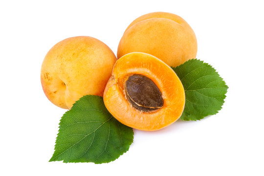 Apricots and half with fruit kernel on white.