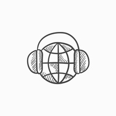 Globe in headphones sketch icon.