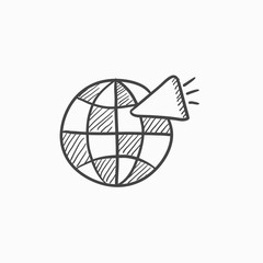 Globe with loudspeaker sketch icon.