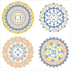 Collection of bright colorful geometric round ethnic decorative elements. Vector mandala backgrounds with bohemian, African, Oriental, Indian, Arabic motifs.