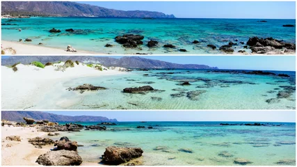 Photo sur Plexiglas  Plage d'Elafonissi, Crète, Grèce Photo collage of panoramic landscapes from Elafonissi beach, Crete island, Greece