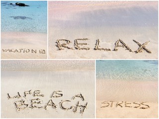Collage of relaxation messages written on sand