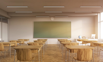 Old classroom interior with sun