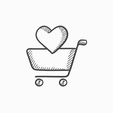 Shopping cart with heart sketch icon.