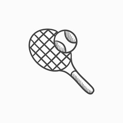 Tennis racket and ball sketch icon.