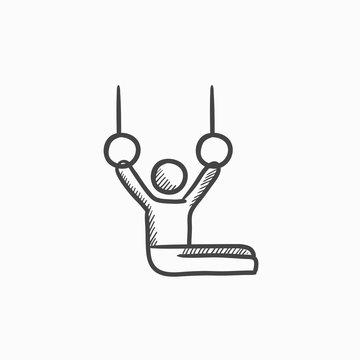 Gymnast on stationary rings sketch icon.