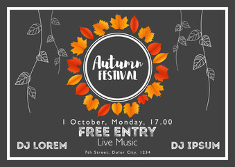 Fall Festival template. Bright colourful autumn leaves on horizontal background. Template for holidays, concerts and parties. Autumn theme