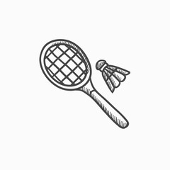 Shuttlecock and badminton racket sketch icon.