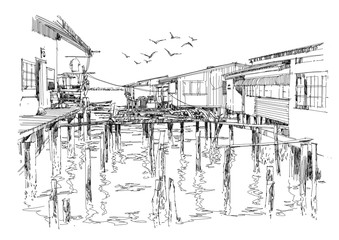 sketch of fishing village in summer, illustration