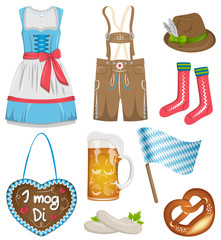 Oktoberfest München Symbole Icons mit Lebkuchenherz, Dirndl und Bier Set