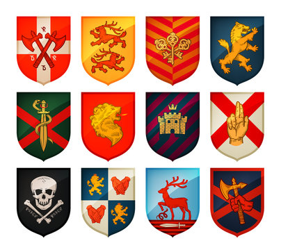Collection of medieval shields and coat  arms. Kingdom, empire, castle vector symbols