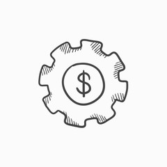 Gear with dollar sign sketch icon.