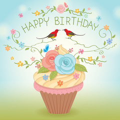 Sweet vector cupcake decoration with flowers and couple birds for happy birthday card.Nature background.