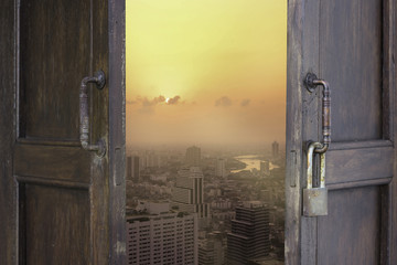 abstract old window open to city view of bangkok - can use to display or montage on products