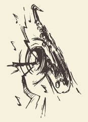 Sketch saxophone jazz retro style drawn vector.