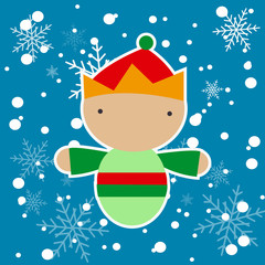 Elf with open arms and snowflakes backdrop