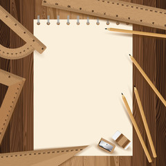 Obraz premium Yellow paper with pencil, ruler, eraser and sharpener on lath boards.