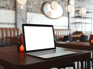 Laptop on the wooden table in modern cafe. 3d rendering