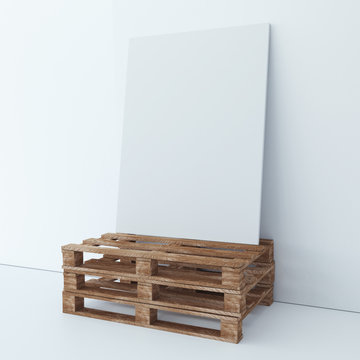 Vertical canvas on the wooden palletes. 3d rendering