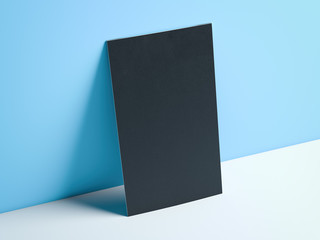 Black vertical business card in blue studio. 3d rendering