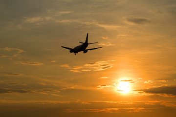 Fototapeta na wymiar The plane flies in the sky at sunset