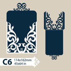 Layout congratulatory envelope with carved openwork pattern. The template for greetings, invitations, etc. Picture suitable for laser cutting, plotter cutting or printing. Vector