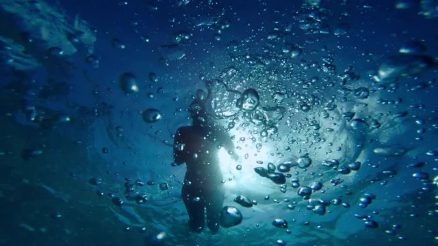 Underwater shoot  of woman swimming on surface of the caribbean islands of San Blas, Panama