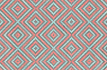 Geometrical pattern in coral, blue and grey colors.