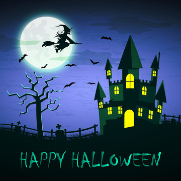 Witch flying on a magic broomstick over the spooky haunted castl