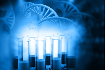 Lab, chemistry, DNA structure, on blue background. 3d illustration biochemistry concept .